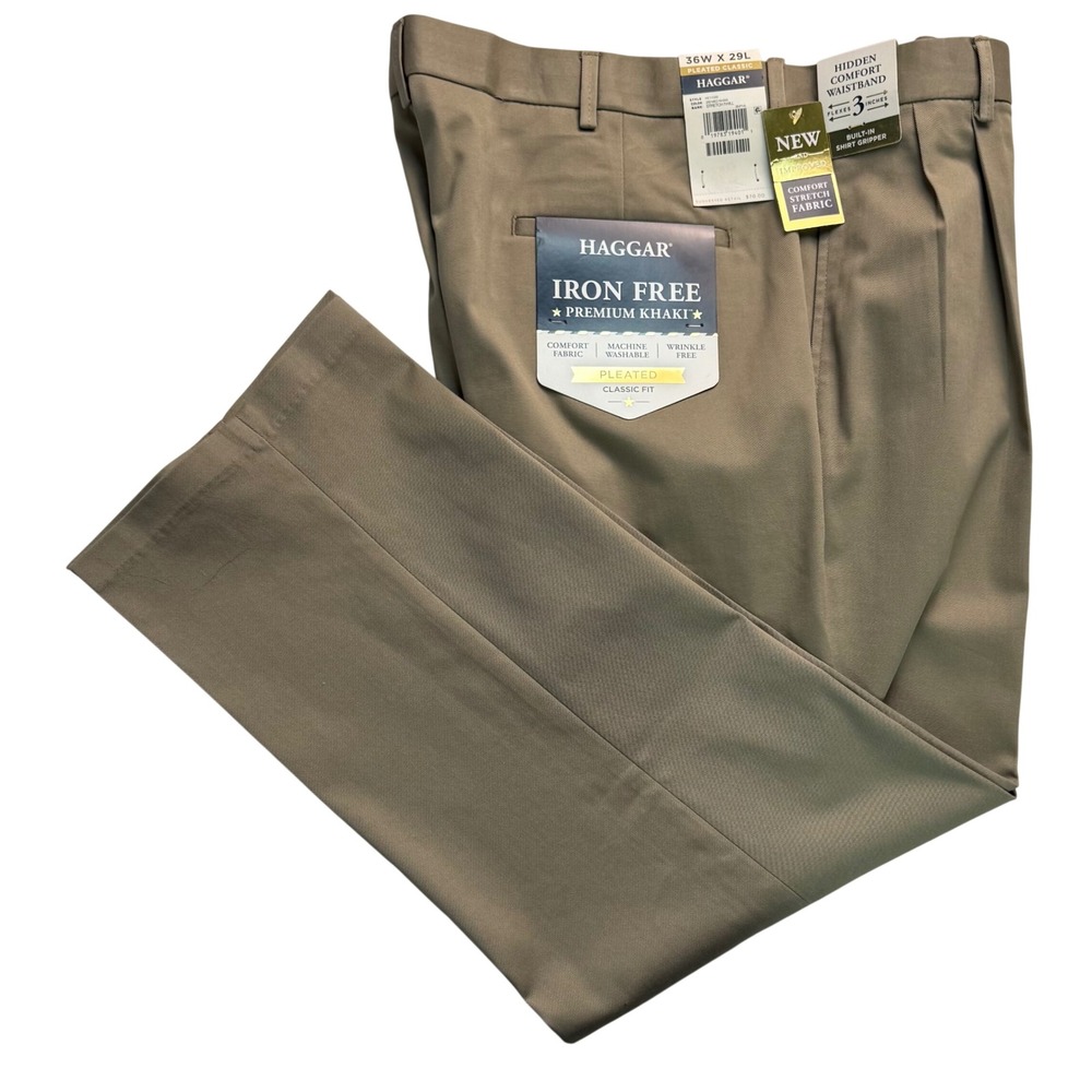 Haggar Mens Iron Free Premium Khaki Pleated Classic Fit Pants 36x29 Tan